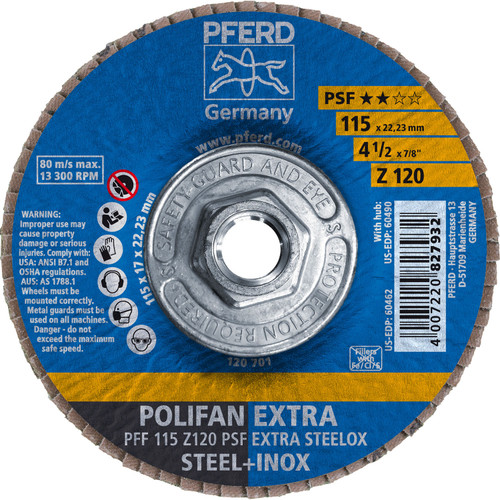 PFERD 60490 4-1/2" x 5/8-11 POLIFAN Flap Disc - Flat PSF-EXTRA Zirconia 120G