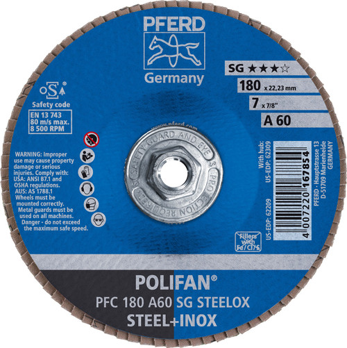 PFERD 62309 7" x 5/8-11 POLIFAN Flap Disc - Conical SG Aluminum Oxide 60G
