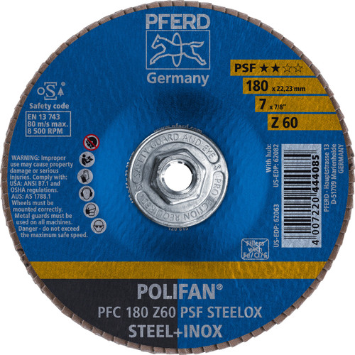 PFERD 62082 7" x 5/8-11 POLIFAN Flap Disc - Conical PSF Zirconia 60G