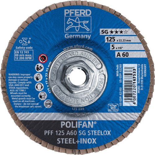 PFERD 62260 5" x 5/8-11 POLIFAN Flap Disc - Flat SG Aluminum Oxide 60G