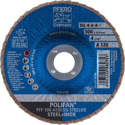 PFERD 62146 4" x 5/8" POLIFAN Flap Disc - Flat SG Aluminum Oxide 120G