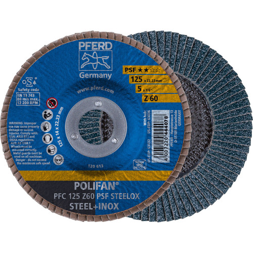 PFERD 63032 5" x 7/8" POLIFAN Flap Disc - Conical PSF Zirconia 60G