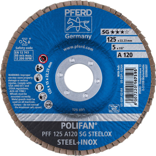 PFERD 62164 5" x 7/8" POLIFAN Flap Disc - Flat SG Aluminum Oxide 120G