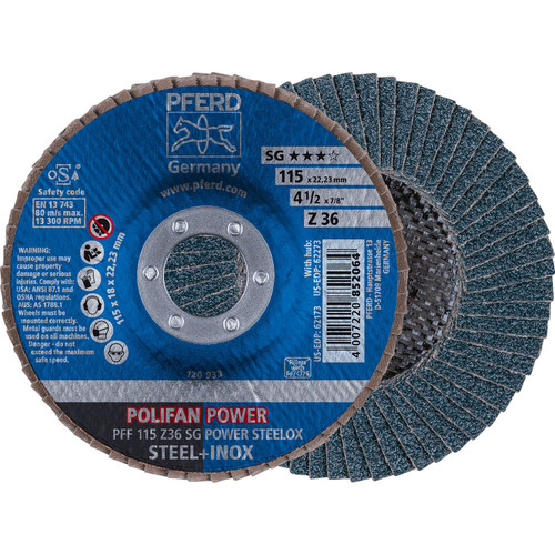 PFERD 62173 4-1/2" x 7/8" POLIFAN Flap Disc - Flat SG Zirconia 36G