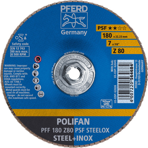 PFERD 62045 7" x 5/8-11 POLIFAN Flap Disc - Flat PSF Zirconia 80G