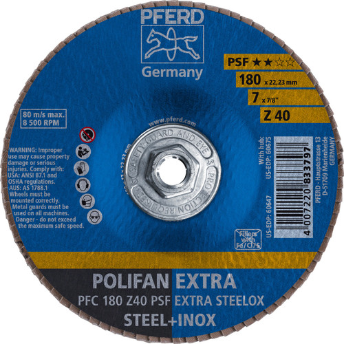 PFERD 60675 7" x 5/8-11 POLIFAN Flap Disc - Conical PSF-EXTRA Zirconia 40G