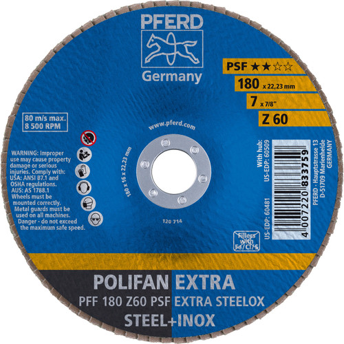 PFERD 60481 7" x 7/8" POLIFAN Flap Disc - Flat PSF-EXTRA Zirconia 60G