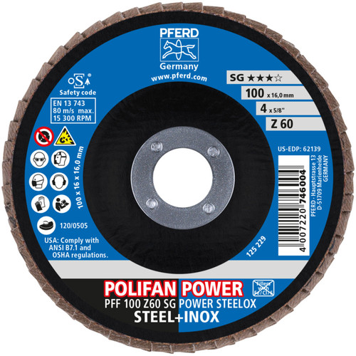 PFERD 62139 4" x 5/8" POLIFAN Flap Disc - Flat SG Zirconia 60G