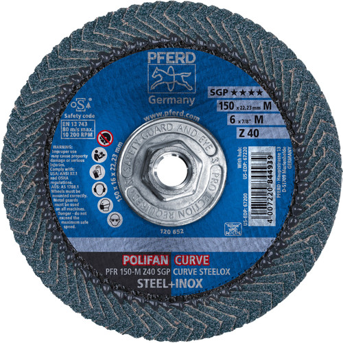 PFERD 67220 6" x 5/8-11 POLIFAN CURVE Flap Disc SGP Zirconia 40G Medium Radius