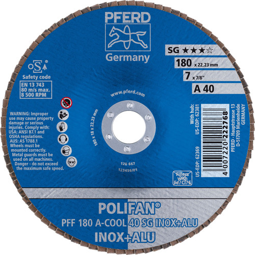 PFERD 62369 7" x 7/8" POLIFAN Flap Disc - Flat SG Aluminum Oxide COOL 40G