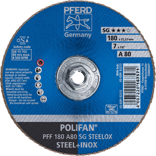 PFERD 62272 7" x 5/8-11 POLIFAN Flap Disc - Flat SG Aluminum Oxide 80G