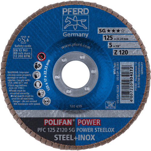 PFERD 62263 5" x 7/8" POLIFAN Flap Disc - Conical SG Zirconia 120G