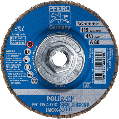 PFERD 62243 4-1/2" x 5/8-11 POLIFAN Flap Disc - Conical SG Aluminum Oxide COOL 80G