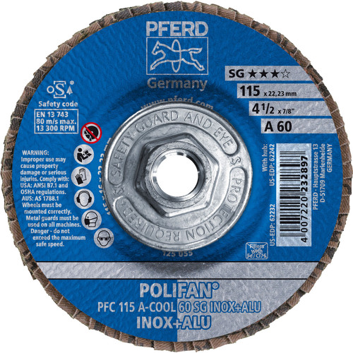 PFERD 62242 4-1/2" x 5/8-11 POLIFAN Flap Disc - Conical SG Aluminum Oxide COOL 60G