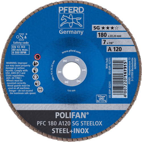 PFERD 62211 7" x 7/8" POLIFAN Flap Disc - Conical SG Aluminum Oxide 120G