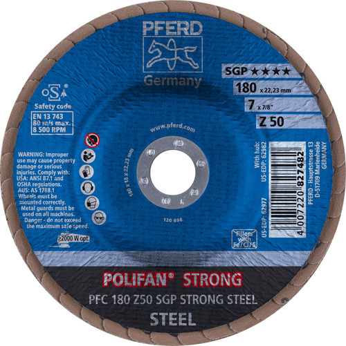 PFERD 62977 7" x 7/8" POLIFAN STRONG Flap Disc SGP Conical Zirconia 50G