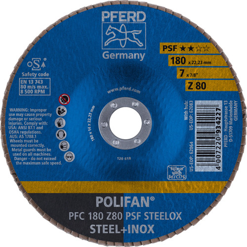 PFERD 62064 7" x 7/8" POLIFAN Flap Disc - Conical PSF Zirconia 80G
