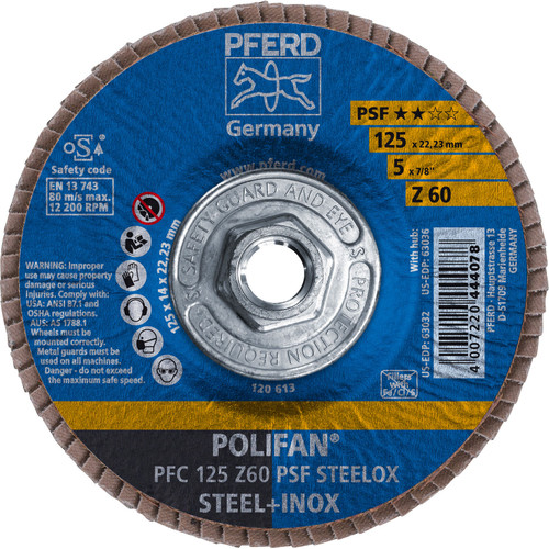 PFERD 63036 5" x 5/8-11 POLIFAN Flap Disc - Conical PSF Zirconia 60G