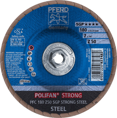 PFERD 62982 7" x 5/8-11 POLIFAN STRONG Flap Disc SGP Conical Zirconia 50G