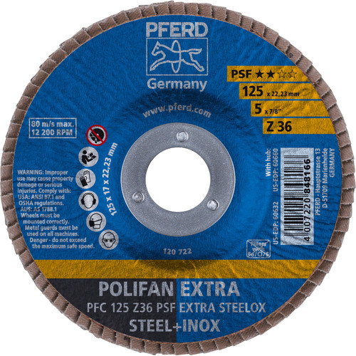 PFERD 60632 5" x 7/8" POLIFAN Flap Disc - Conical PSF-EXTRA Zirconia 36G