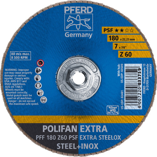 PFERD 60509 7" x 5/8-11 POLIFAN Flap Disc - Flat PSF-EXTRA Zirconia 60G