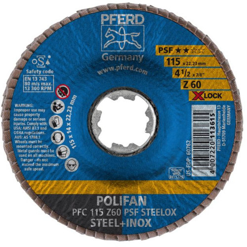 PFERD 60762 4-1/2" X-LOCK POLIFAN Flap Disc - Conical Z PSF STEELOX Zirconia 60G