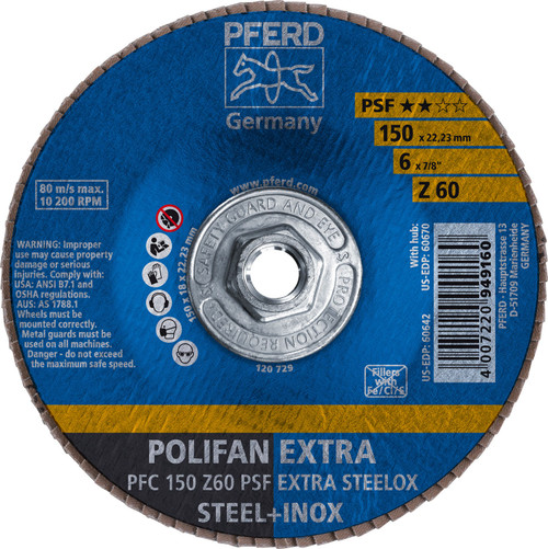 PFERD 60670 6" x 5/8-11 POLIFAN Flap Disc - Conical PSF-EXTRA Zirconia 60G