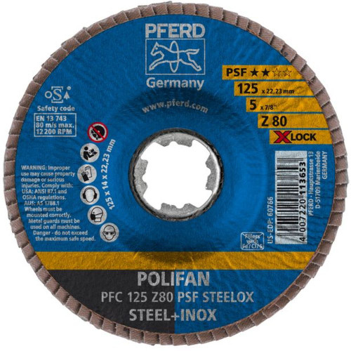 PFERD 60766 5" X-LOCK POLIFAN Flap Disc - Conical Z PSF STEELOX Zirconia 80G