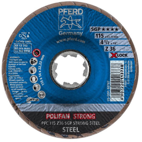PFERD 60787 4-1/2" X-LOCK POLIFAN Flap Disc - Conical Z SGP STRONG STEEL Zirconia 36G