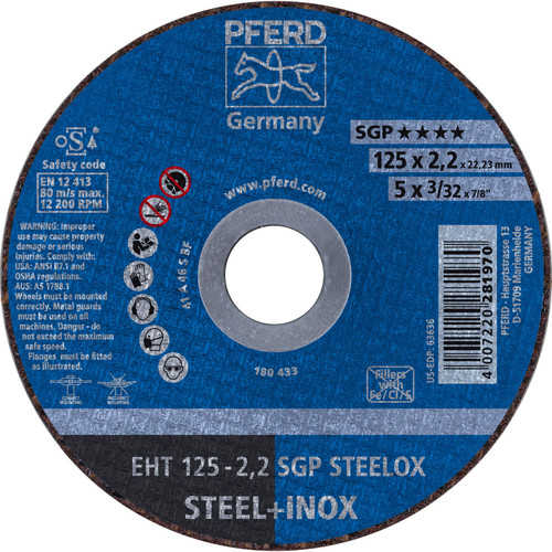 PFERD 63636 5" x 3/32" Cut-Off Wheel, 7/8" AH A 46 S SGP-INOX - Type 1