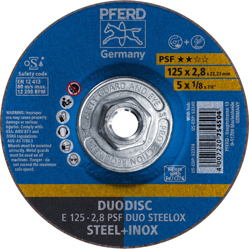 PFERD 63340 5" x 1/8" DUODISC Wheel 5/8-11 Thd. A 46 P PSF-INOX Type 27