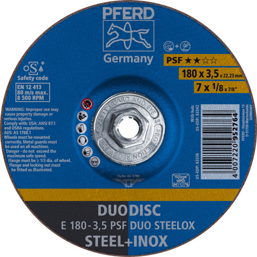 PFERD 63342 7" x 1/8" DUODISC Wheel 5/8-11 Thd. A 46 P PSF-INOX Type 27