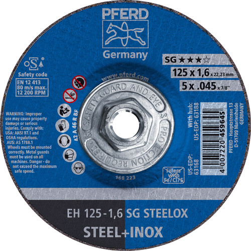 PFERD 63188 5" x .045" Cut-Off Wheel 5/8-11 A 46 R SG INOX Type 27