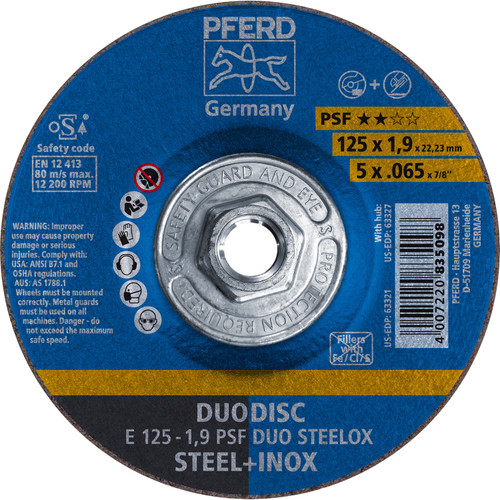 PFERD 63327 5" x .065" DUODISC Wheel 5/8-11 Thd. A 46 P PSF-INOX Type 27