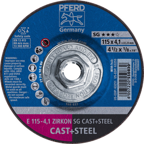 PFERD 63255 4-1/2" x 1/8" Pipeline Wheel, 5/8-11 Thd. 4.1mm, ZA 30 S SG-PIPE, Type 27