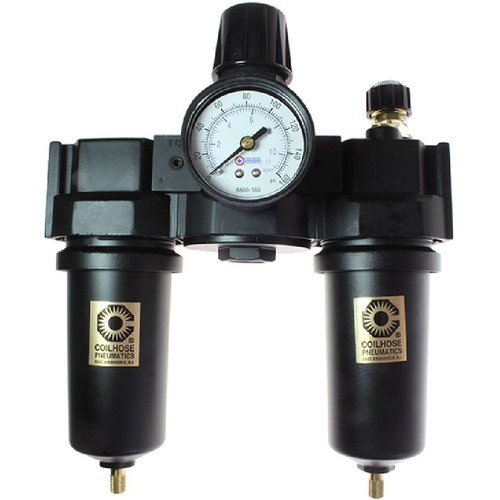 Coilhose Pneumatics 27FRL6-DGM 27 Series 1/2" Filter + Regulator + Lubricator, Auto Drain, Gauge, Metal Bowl