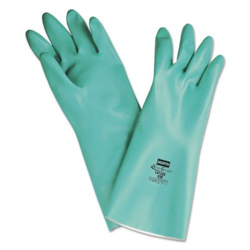 Honeywell LA132G/10 Nitriguard Plus Unsupported Nitrile Gloves, Straight, Flocked, 10, Green