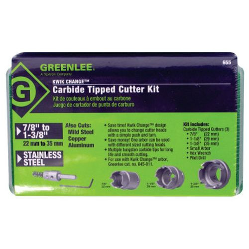 Greenlee 655 Kwik Change Hole Cutter Kit, Carbide-Tipped, 7/8" - 1-3/8"