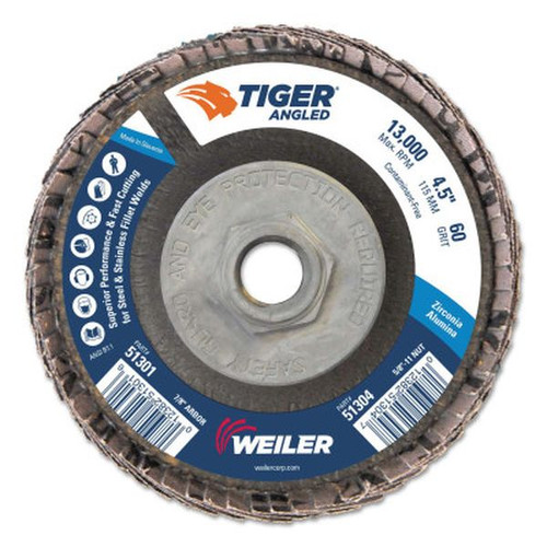 WEILER 51304 Tiger Zirconium Angled Flap Disc, 5/8" - 11, 60 Grit