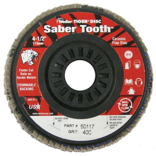 WEILER 50117 SaberTooth Ceramic Flap Disc 4-1/2" 40 Grit 7/8 Arbor 13000RPM