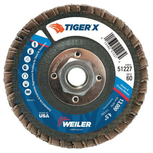WEILER 51227 Tiger X Flap Disc, 4-1/2" Flat, 60 Grit, 5/8" - 11 Arbor