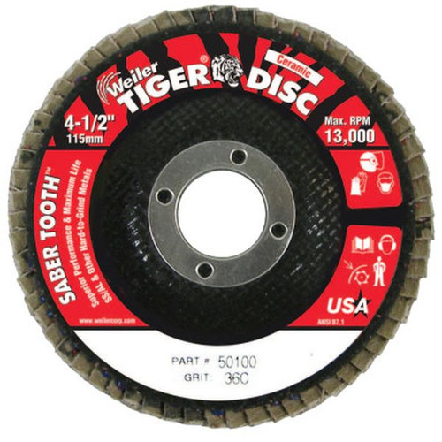 WEILER 50100 SaberTooth Ceramic Flap Disc 4 1/2" 36 Grit 7/8" Arbor 13000RPM