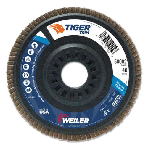WEILER 50002 Trimmable Tiger Flap Disc, 4 1/2", 40 Grit, 7/8" Arbor, 13000RPM