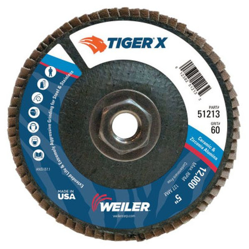 WEILER 51213 TIGER X Flap Disc, 5" Angled, 60 Grit, 5/8" - 11 Arbor