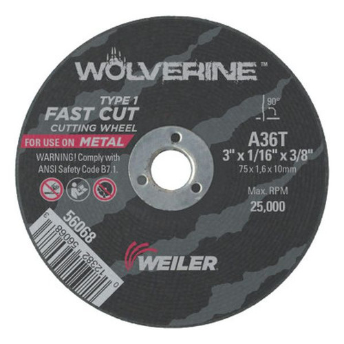 WEILER 56068 Wolverine Thin Cutting Wheels 3" Dia 1/16 Thick 3/8 Arbor 36 Grit