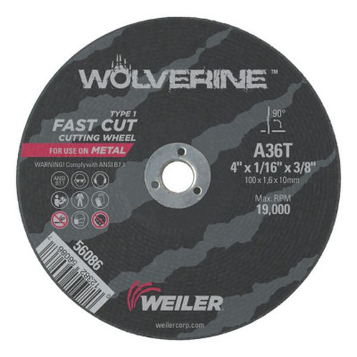 WEILER 56086 Wolverine Thin Cutting Wheels 4" Dia 1/16 Thick 3/8 Arbor 36 Grit