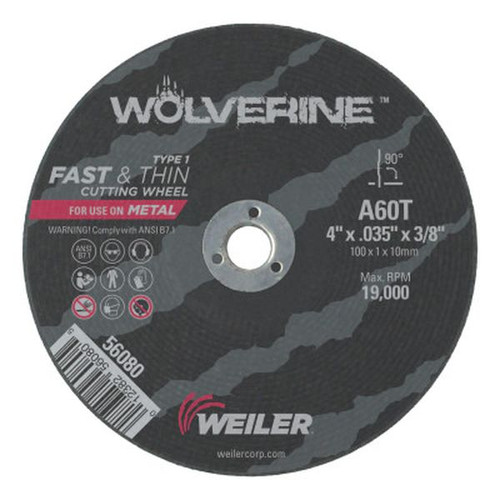 WEILER 56080 Wolverine Thin Cutting Wheels 4" Dia .035 Thick 3/8 Arbor 60 Grit