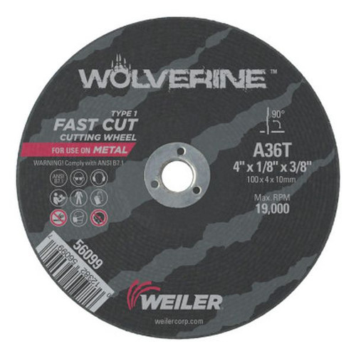 WEILER 56099 Wolverine Thin Cutting Wheels 4" Dia 1/8 Thick 3/8 Arbor 36 Grit