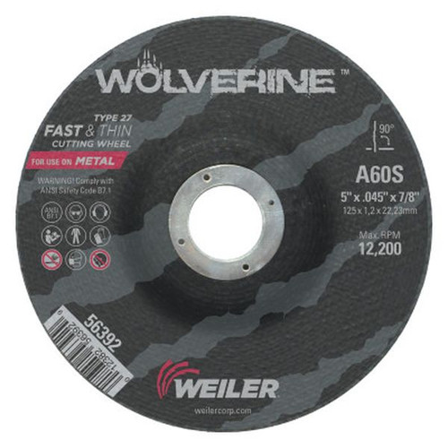 WEILER 56392 Wolverine Thin Cutting Wheels 5" Dia .045" Thick 7/8 Arbor 60 Grit