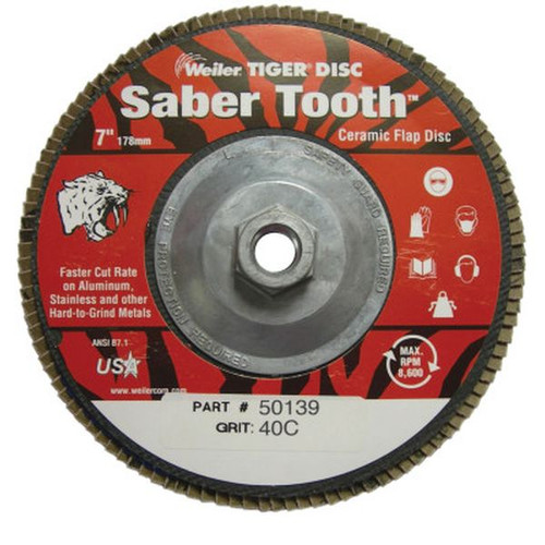 WEILER 50139 SaberTooth Abrasive Flap Disc, Ceramic, 7" Dia. x 5/8", 40 Grit